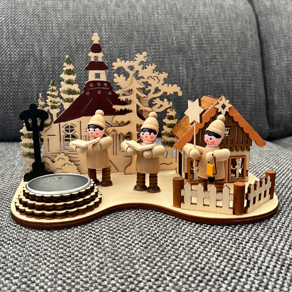 Wooden Art Christmas Winter Scene Figurines with Votive Candle